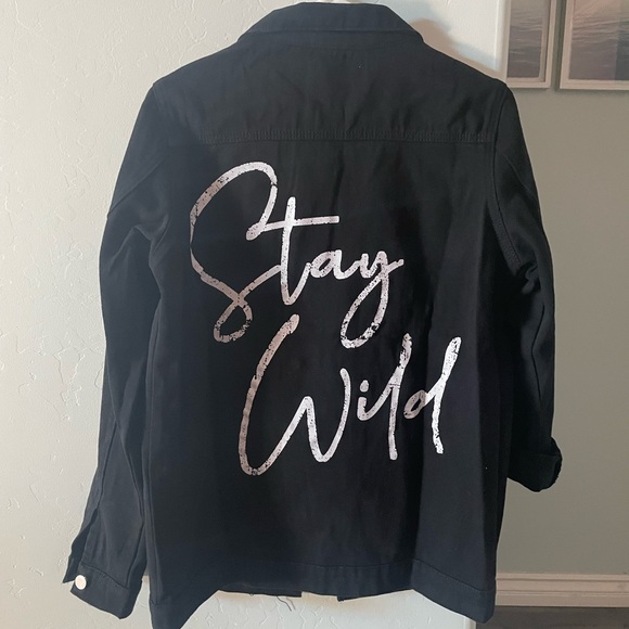 Black Denim Jean Jacket w/ Graphic Print "Stay Wild " - Picture 2 of 4